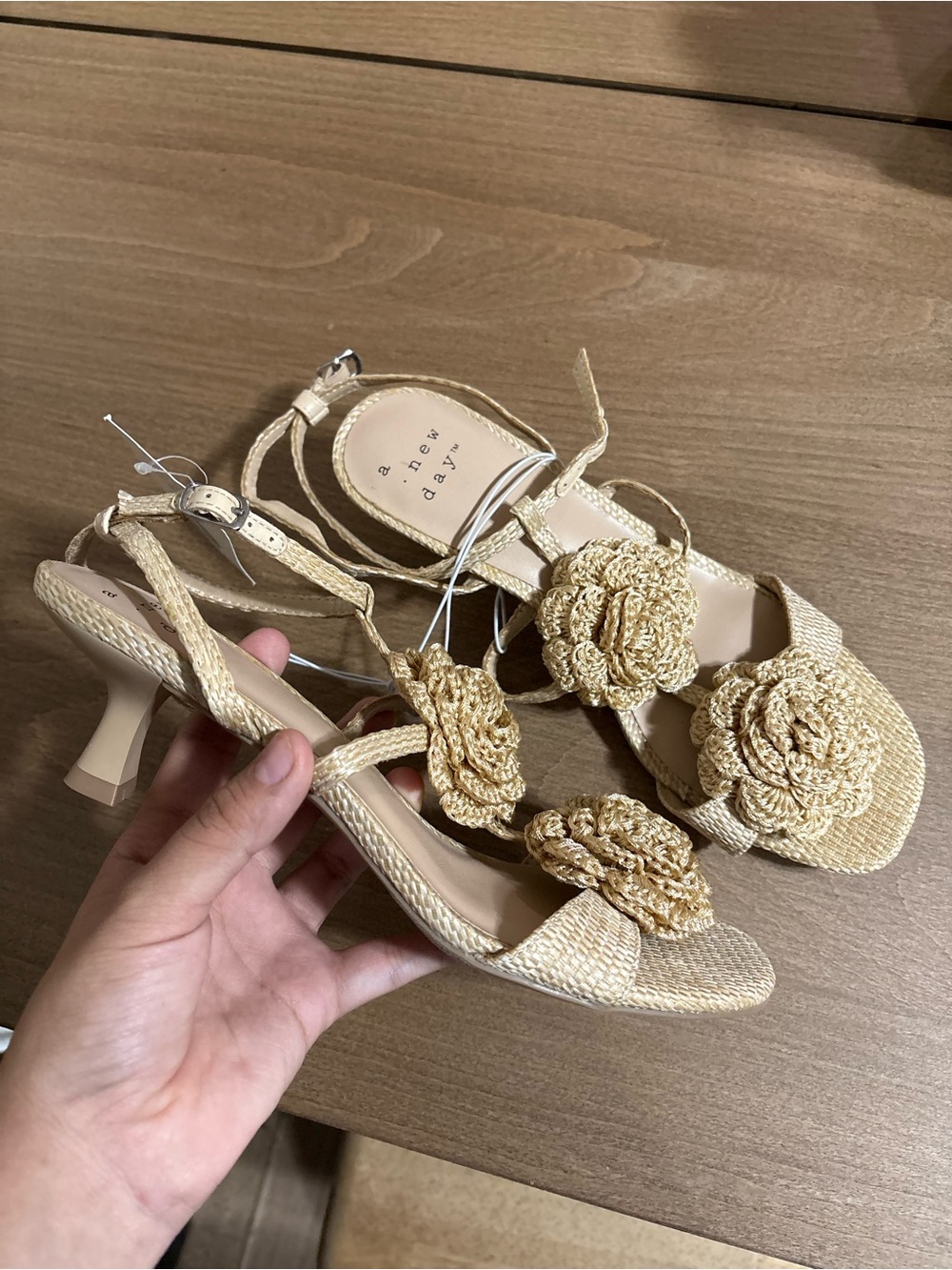 Women’s Beige Floral Woven Mid-Heel Sandals